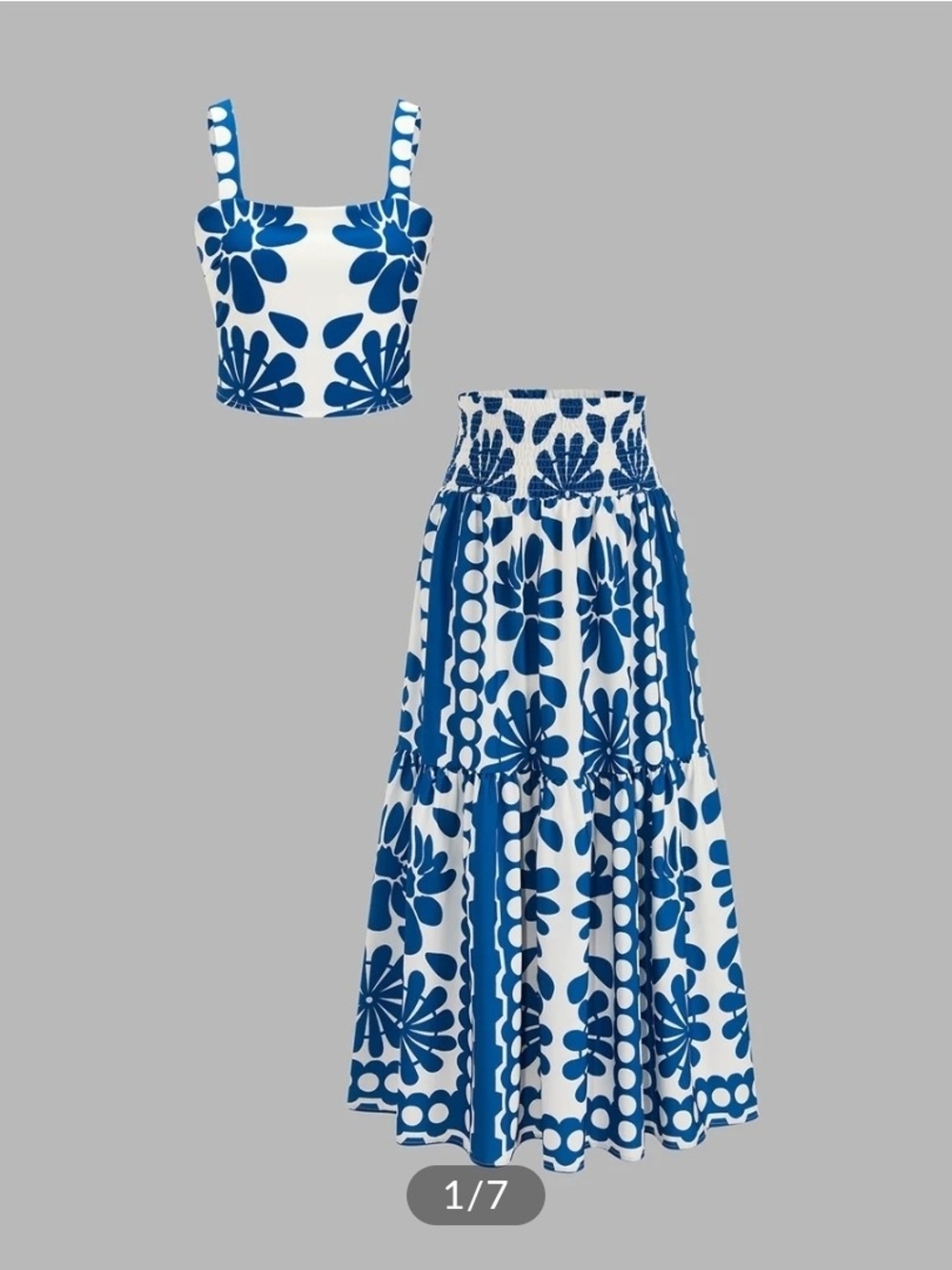 NWT Commense Blue & White Floral Print Cami Top & Smocked Skirt Set, Large